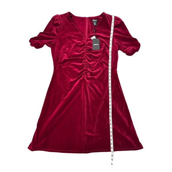 DKNY Womens Red Ruched Zippered Velvet Pouf Sleeve V Neck Dress 16 NWT - Picture 7 of 13